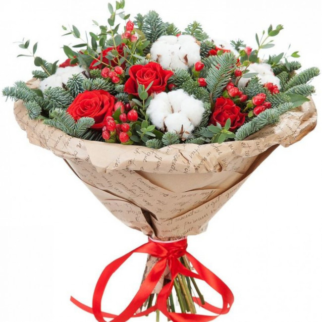 Букет цветов "Новогодний букет из роз и хлопка" Букет цветов "Новогодний букет из роз и хлопка"